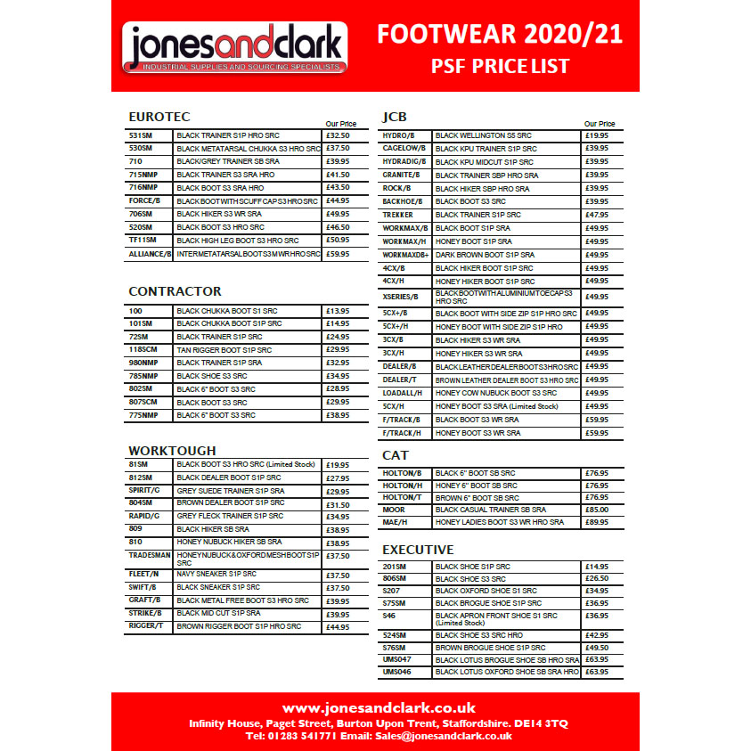 Progressive Footwear Price List 2020 Jones and Clark